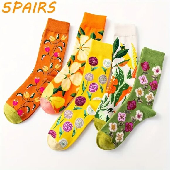 Accessories - 5 Pairs Women's Floral Print Mid-Calf Socks